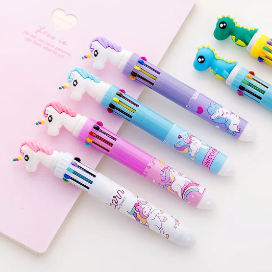 1Pcs Ten Color Colored Ballpoint Pen Cute Kawaii Cartoon Unicorn Multicolor Pens School Stationery Office Pen Supplies Gift