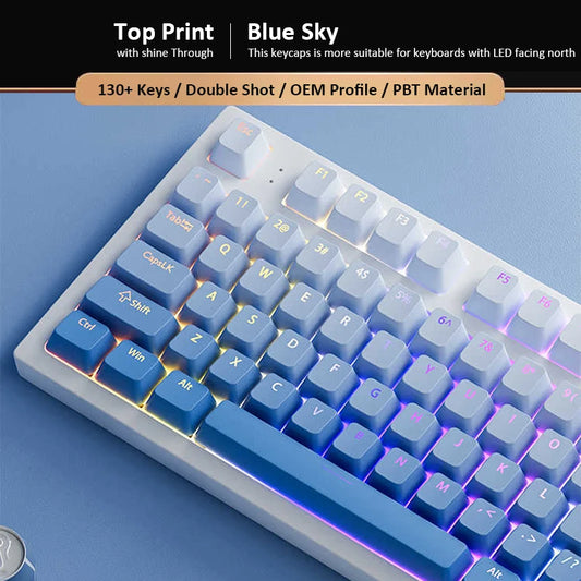 130 Keys Gradient Blue Shine Through Keycaps OEM Profile Double Shot RGB Backlit PBT Keycaps for MX Switches Mechanical Keyboard