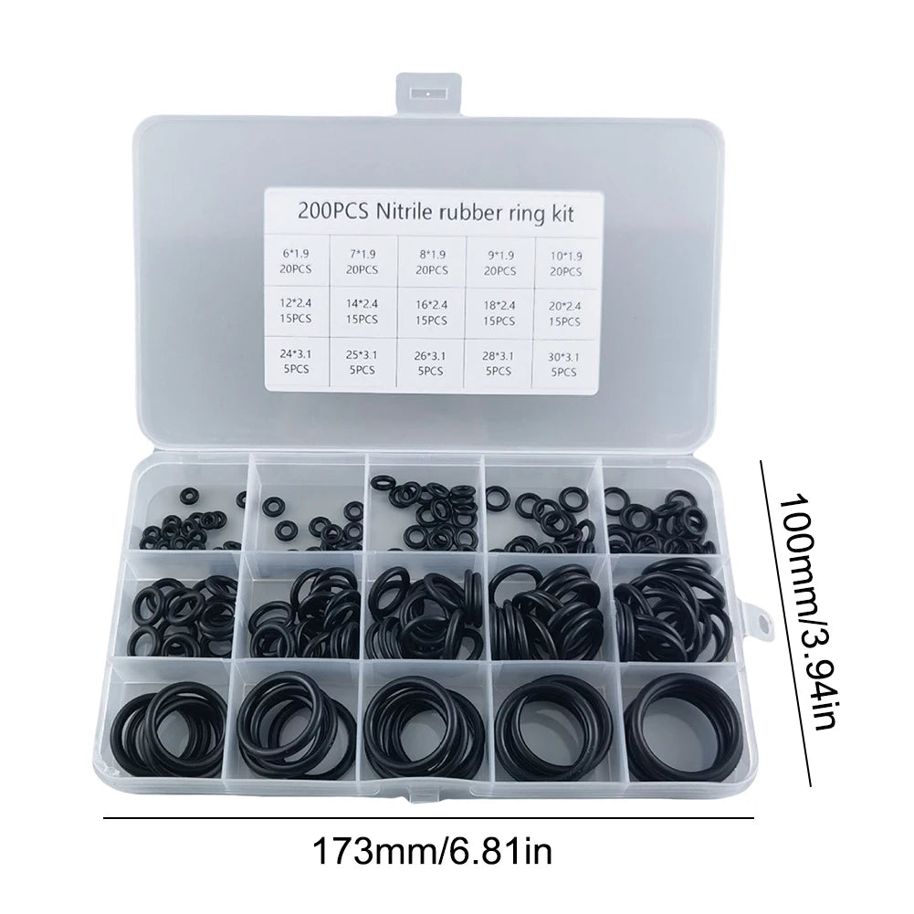 200Pcs Rubber O Ring Set Gaskets Boxed High Pressure O-Rings Repair Kit Waterproof Sealing Elastic Band O Rubber Rings Set